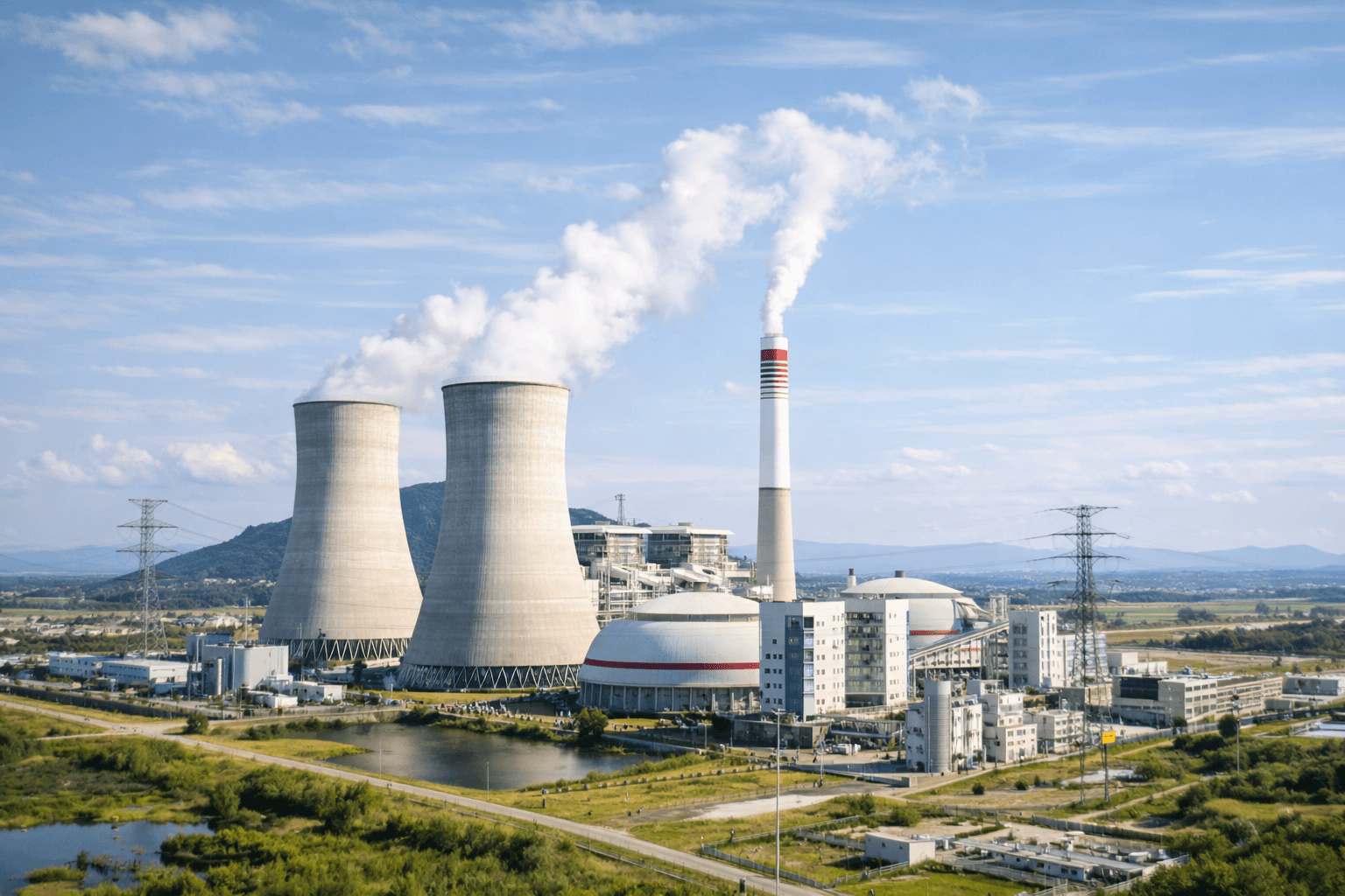 통합보안 컨설팅/진단을 도입 한, 냉각탑과 굴뚝에서 수증기가 나오는 대형 발전소 전경